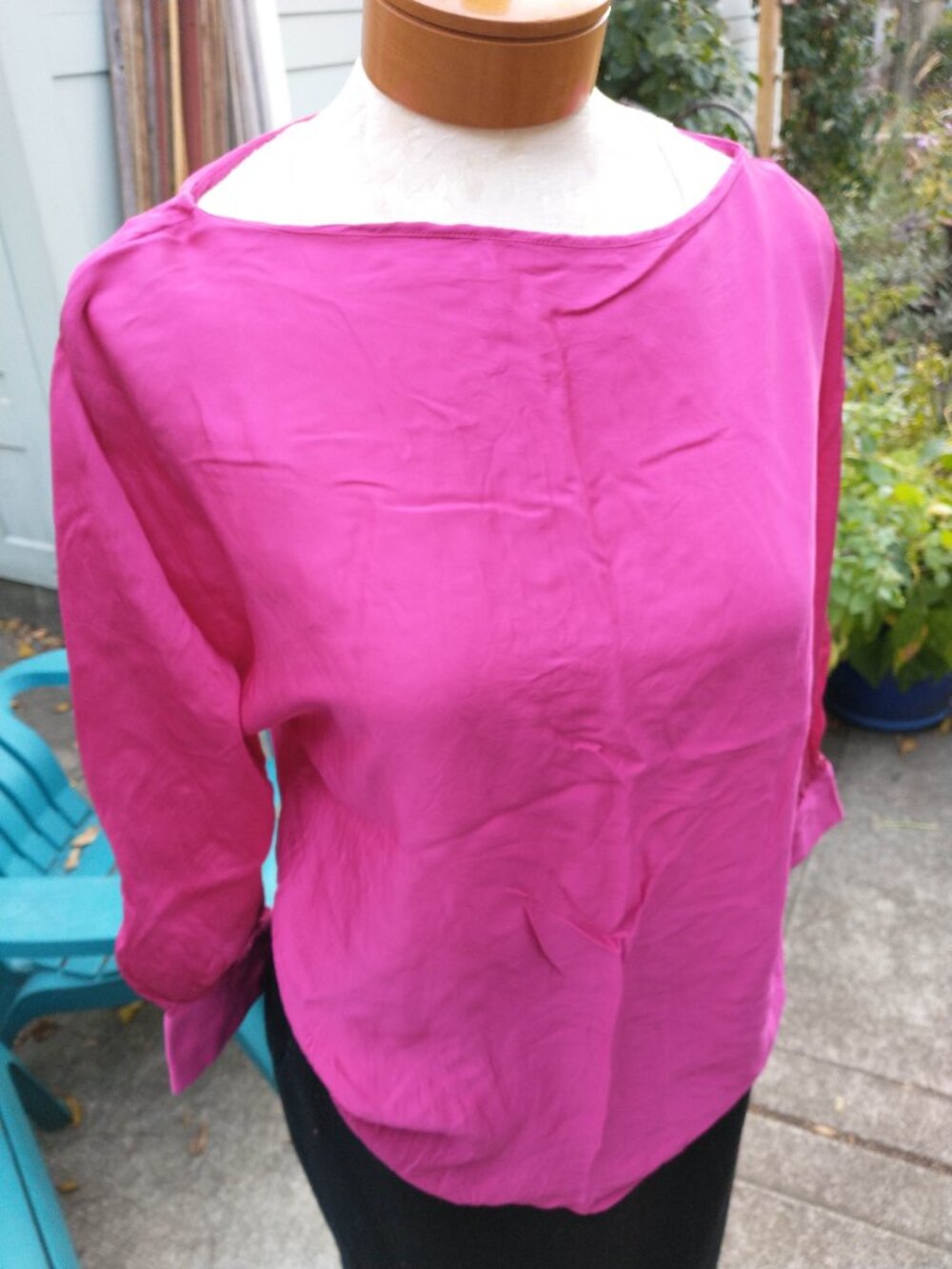Blouse: Silk, hot pink pullover w/boatneck. Size medium - by Ralph Lauren